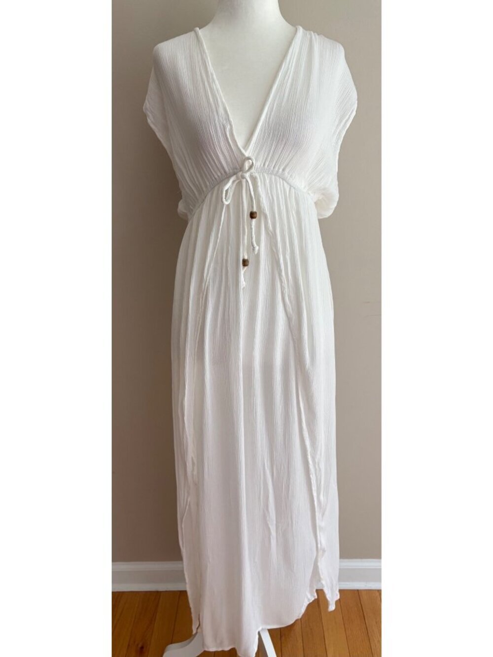 Raviya White Crinkle Maxi Kaftan Cover Up Dress Size Large Boho Beach Resort - Picture 2 of 12